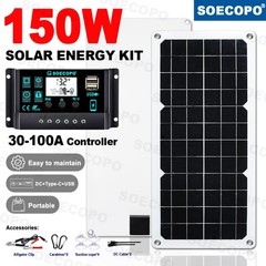SOECOPO 150W Monocrystalline Solar Panel Kit with 30A/60A/100A LCD Controller