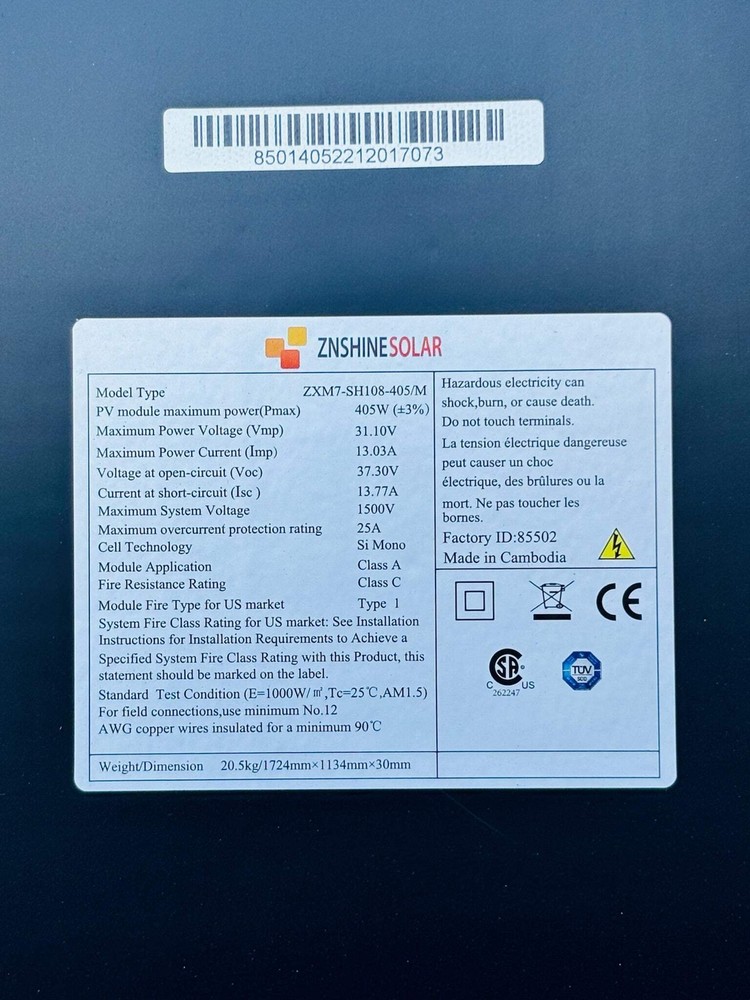 2 Pk ZNShineSolar ZXM7-SH108-405M 405W Monocrystalline Solar Panel