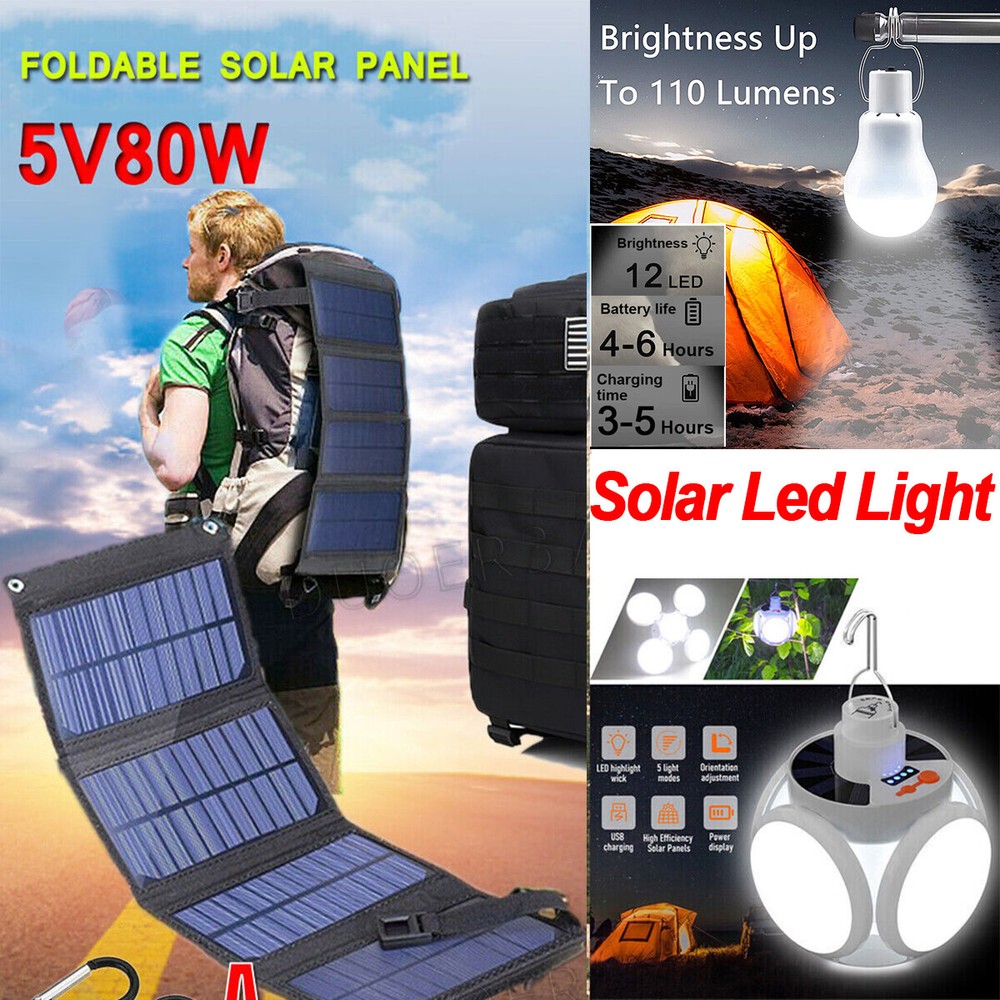 80W USB Solar Panel Kit Folding Power Bank Camping Phone Charger w/Solar Bulb US