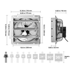 10 Inch Shutter Exhaust Fan Wall Mounted 874 CFM Automatic Louvers, Sturdy Steel
