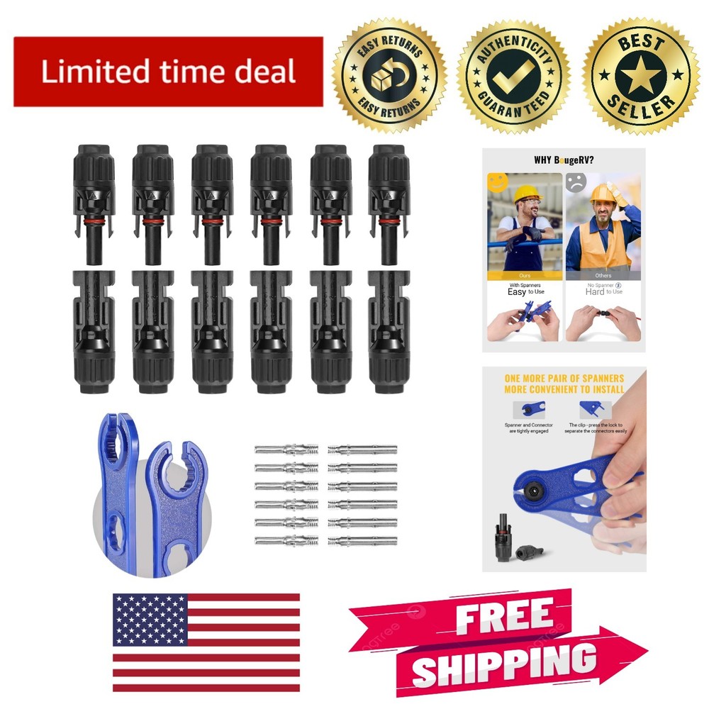 6 Pairs Waterproof Solar Connectors with 30A Spanners – Male/Female 10AWG