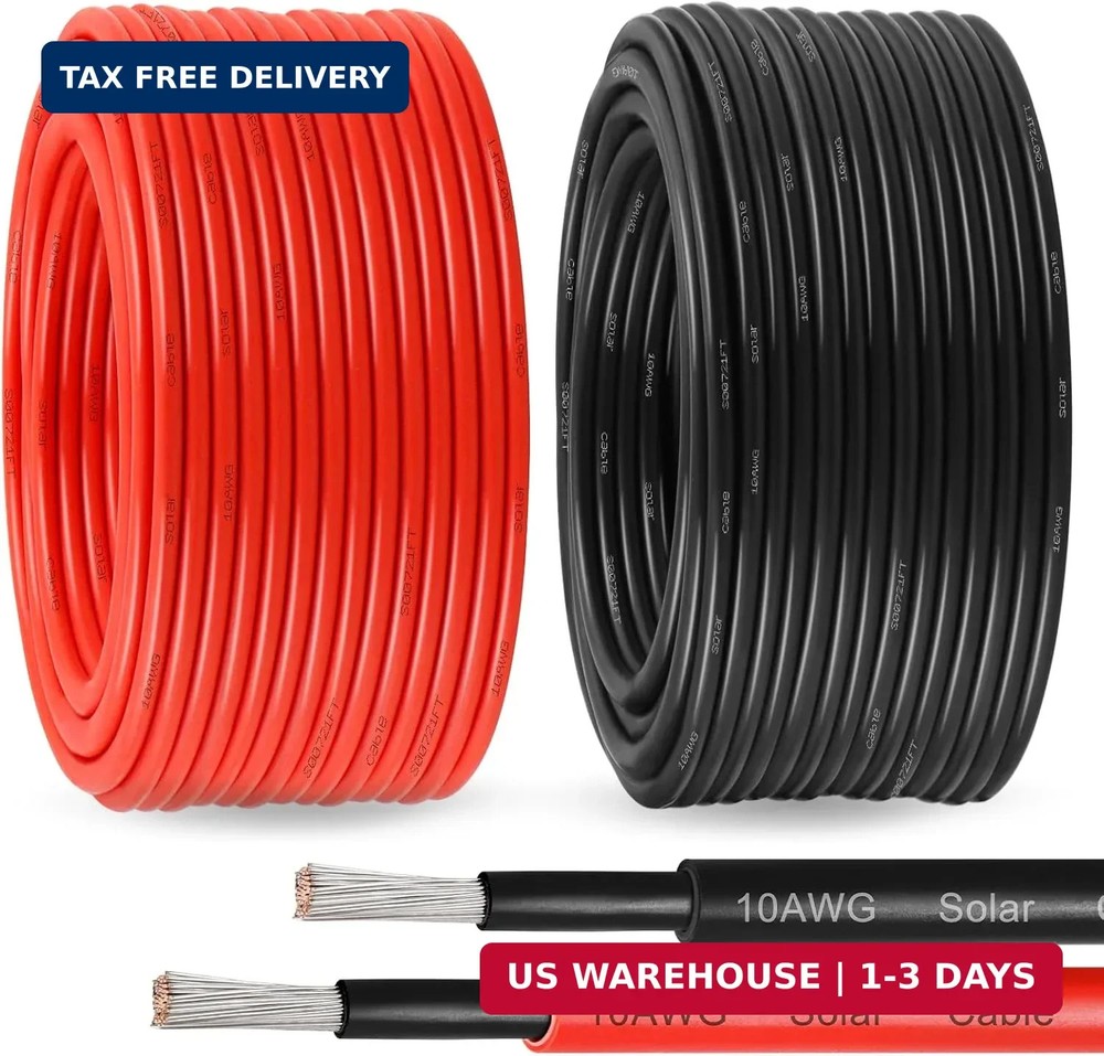 Solar Panel Wire 10 AWG 100ft Black 100ft Red Tinned Copper