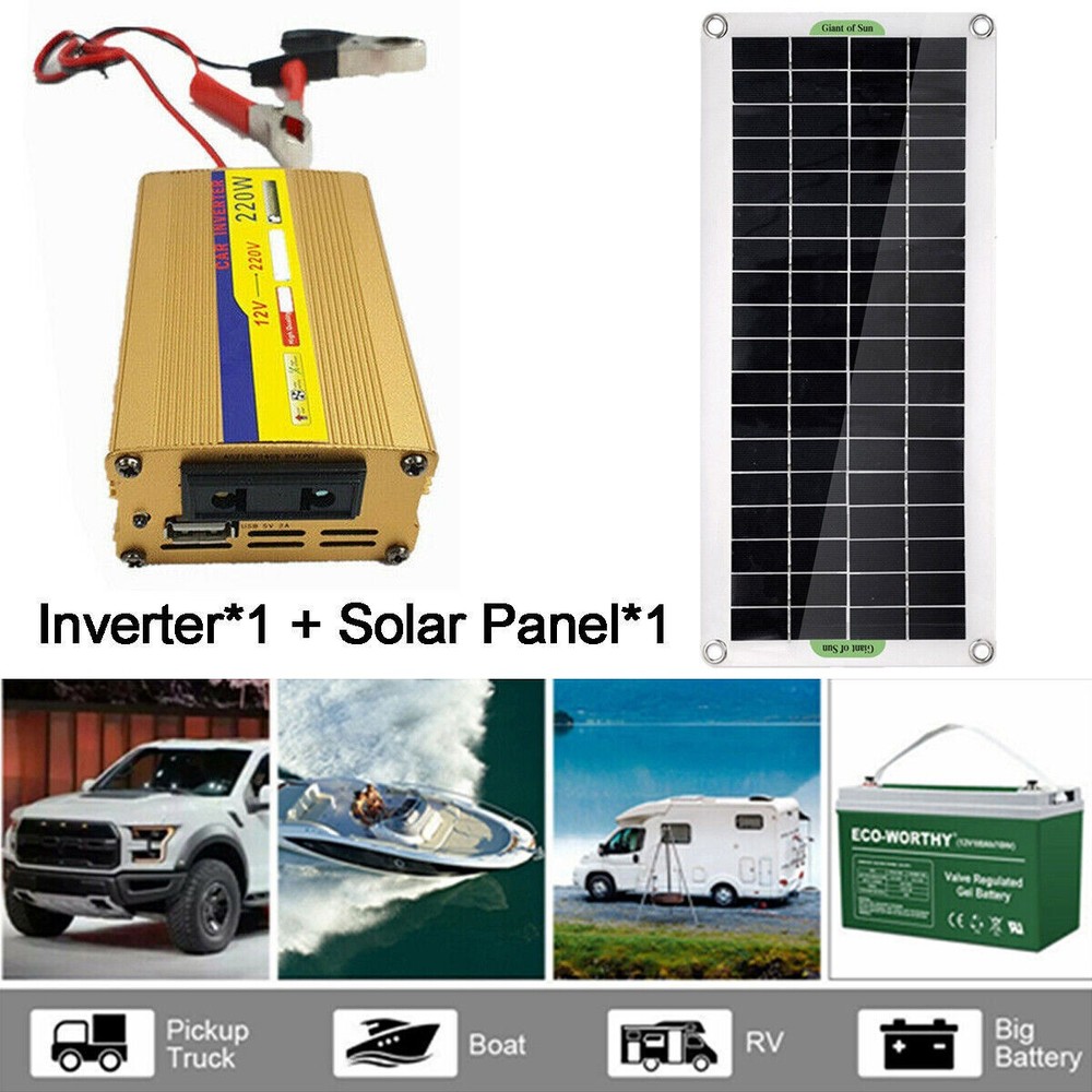 220W Inverter 100W Solar Panel Kit USB Battery Charger Convert AC/DC Outdoor USA