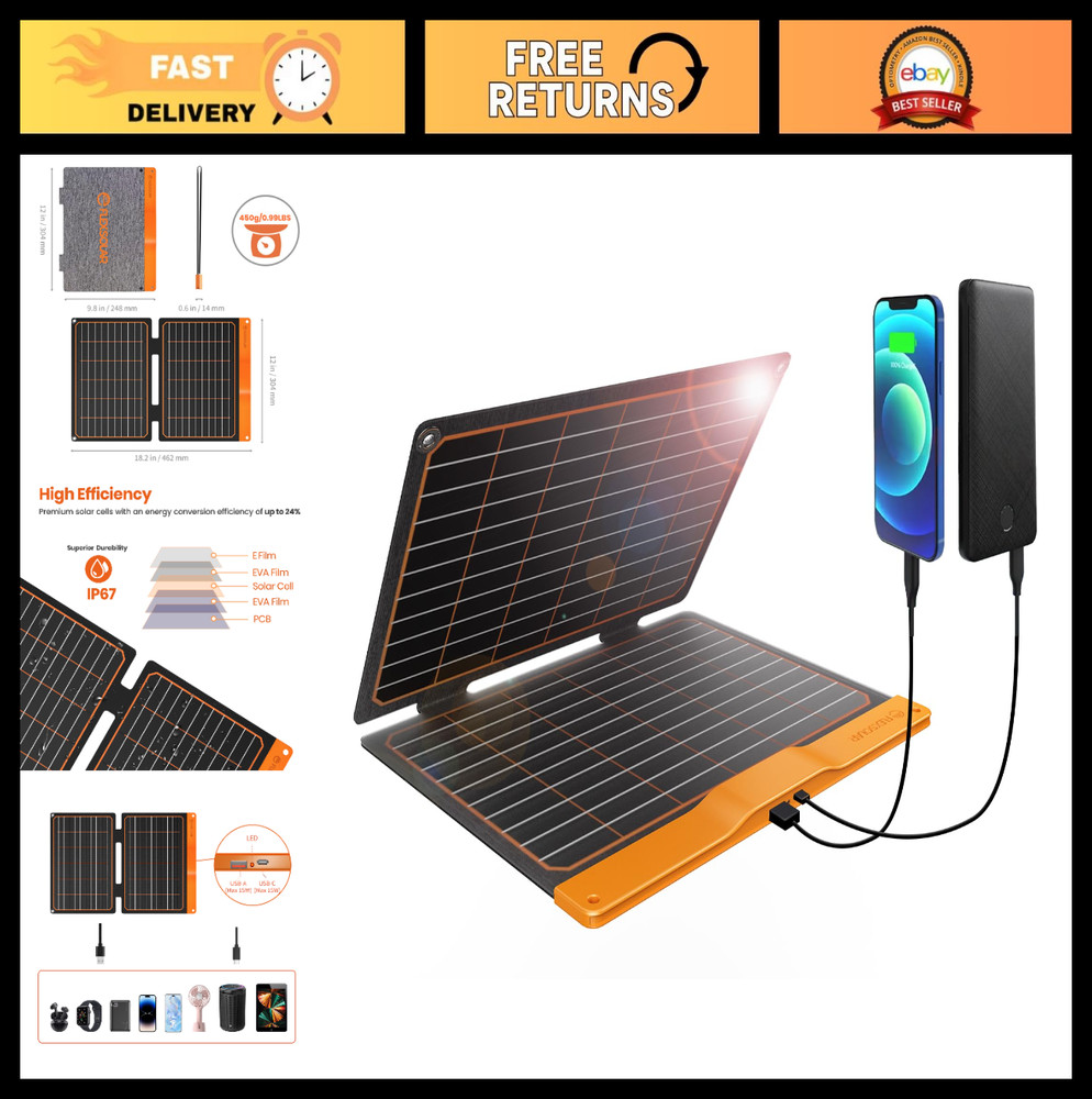 20W Solar Panel Charger, 5V USB-A/C, Foldable & Portable, Waterproof for Hiking,