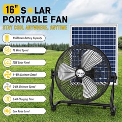 16″ Solar Powered Fan with 20W Solar Panel & Rechargeable Battery, Portable, Qui