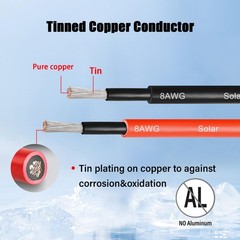 8 AWG Solar Cable 100FT Red + 100FT Black Tinned Copper Wire, 8 Gauge Solar P…