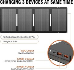 Portable Solar Panel 60W Foldable Solar Charger with DC/USB C/USB A Output DC…