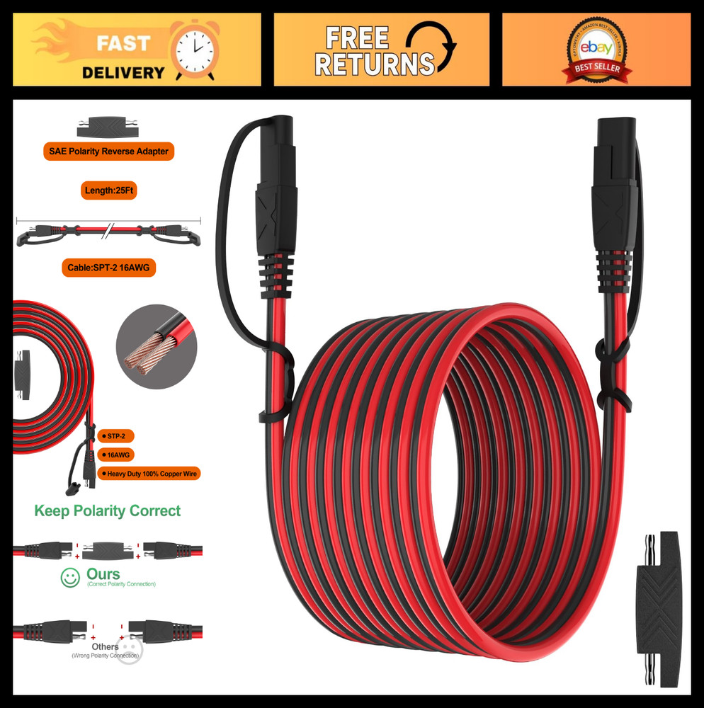 25FT SAE Extension Cable 16AWG Quick Disconnect Connector for Automotive & Solar