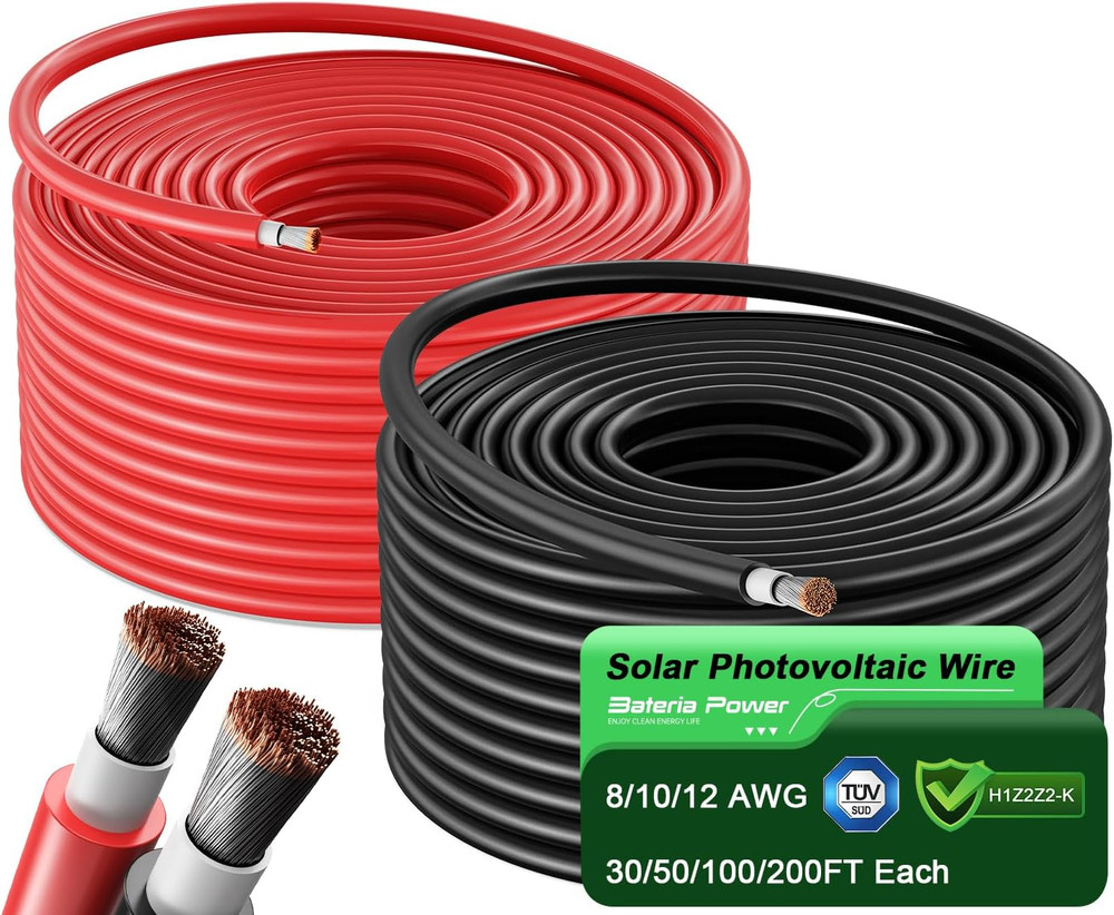 100Ft Black & Red Solar Panel Wire Kit, 10AWG Tinned Copper for Off-Grid Use