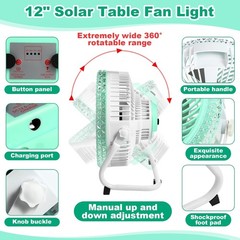 12» 10800mah Battery Operated Solar Fan Light with 12w Solar Panel, Charger,