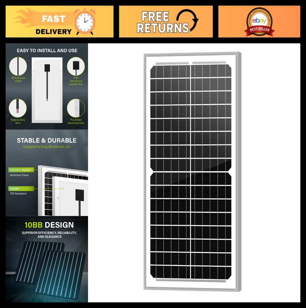 High-Efficiency 10W 12V Monocrystalline Solar Panel PV Module for RV, Boat, Gate