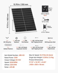 VEVOR Solar Powered Fan, 25W Solar Panel with 220 CFM Airflow, Adjustable Panel