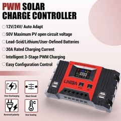 30A Solar Charge Controller PWM Regulator for 12V 24V Auto with 4 USB Ports LCD