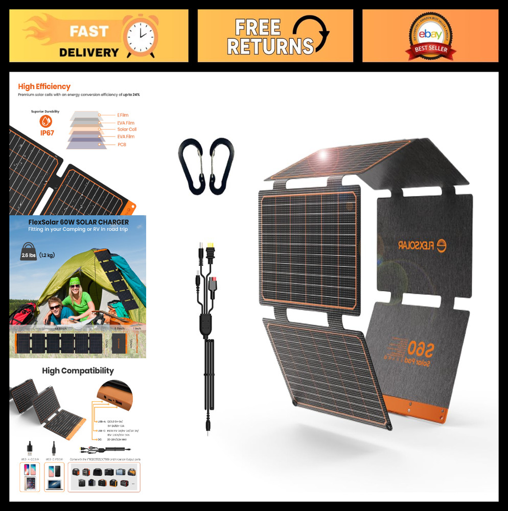 60W Foldable Portable Solar Panel Charger – IP67 Waterproof, PD3.0 USB-C, QC3.0