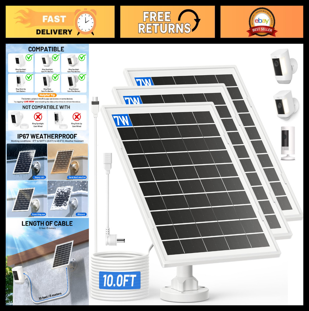 7W Solar Panel Charger for Ring Cameras, Waterproof 10FT USB-C Cable, 3-Pack