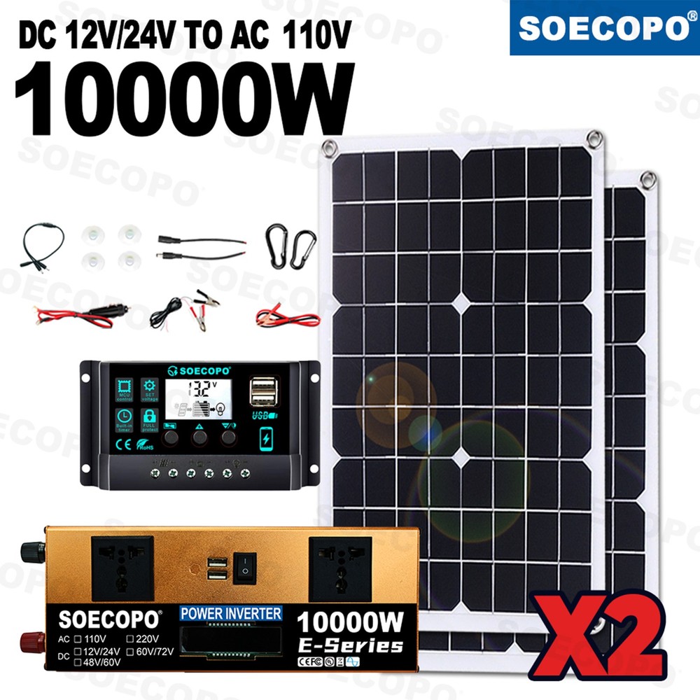 10000W Solar Kit Inverter 12V24V-110V/220V + 2pcs Solar Panels + Controller 100A