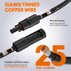 50 ft Solar Extension Cable 10AWG with Waterproof Connectors Pair