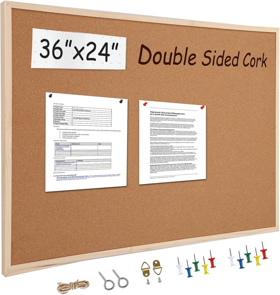 24” X 36” Cork Boards for Walls with Wooden Frame 1Pack, Double Sided Office Boa