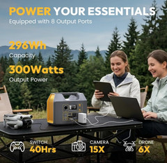 Estación de Energía Portátil 300W 296Wh con 2 AC Onda Pura para Emergencias