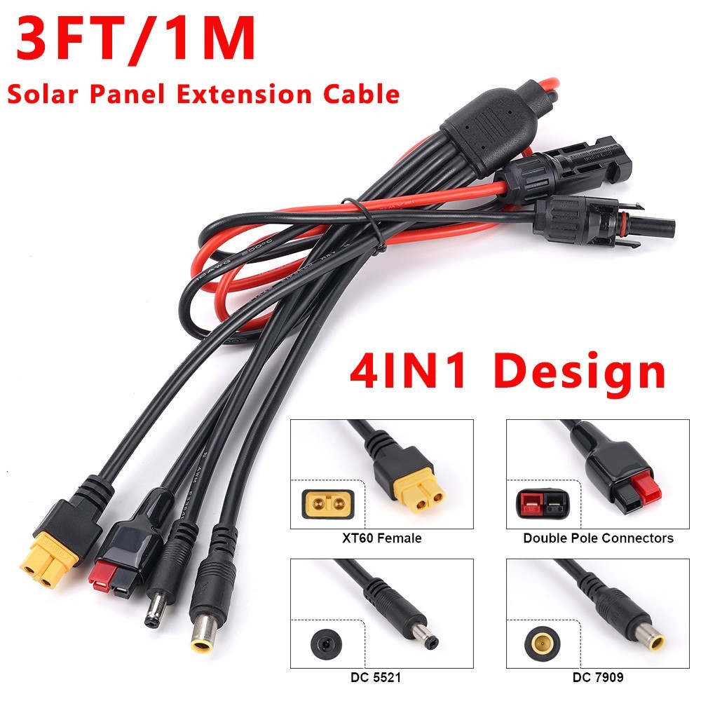 3ft Solar Panel Extension Cable 4in1 Flexible Wire DC5521 DC7909 XT60 Connectors