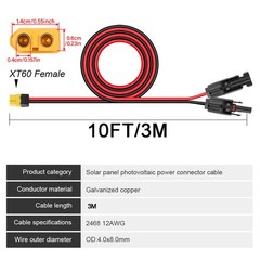 10ft/3m Solar Panel Extension Cable Wire XT60 to Solar Connectors Charging Cable