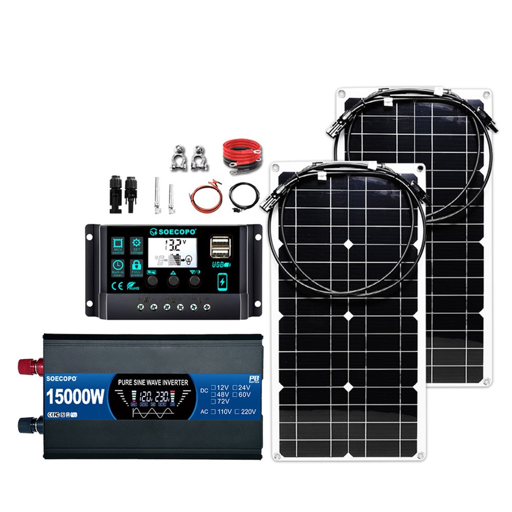 15000W Solar System Kit 100A Controller DC12V AC 110V 220V 2pcs Flexible Panel