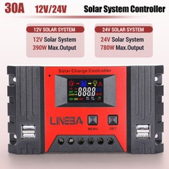 30A Solar Charge Controller PWM Regulator for 12V 24V Auto with 4 USB Ports LCD