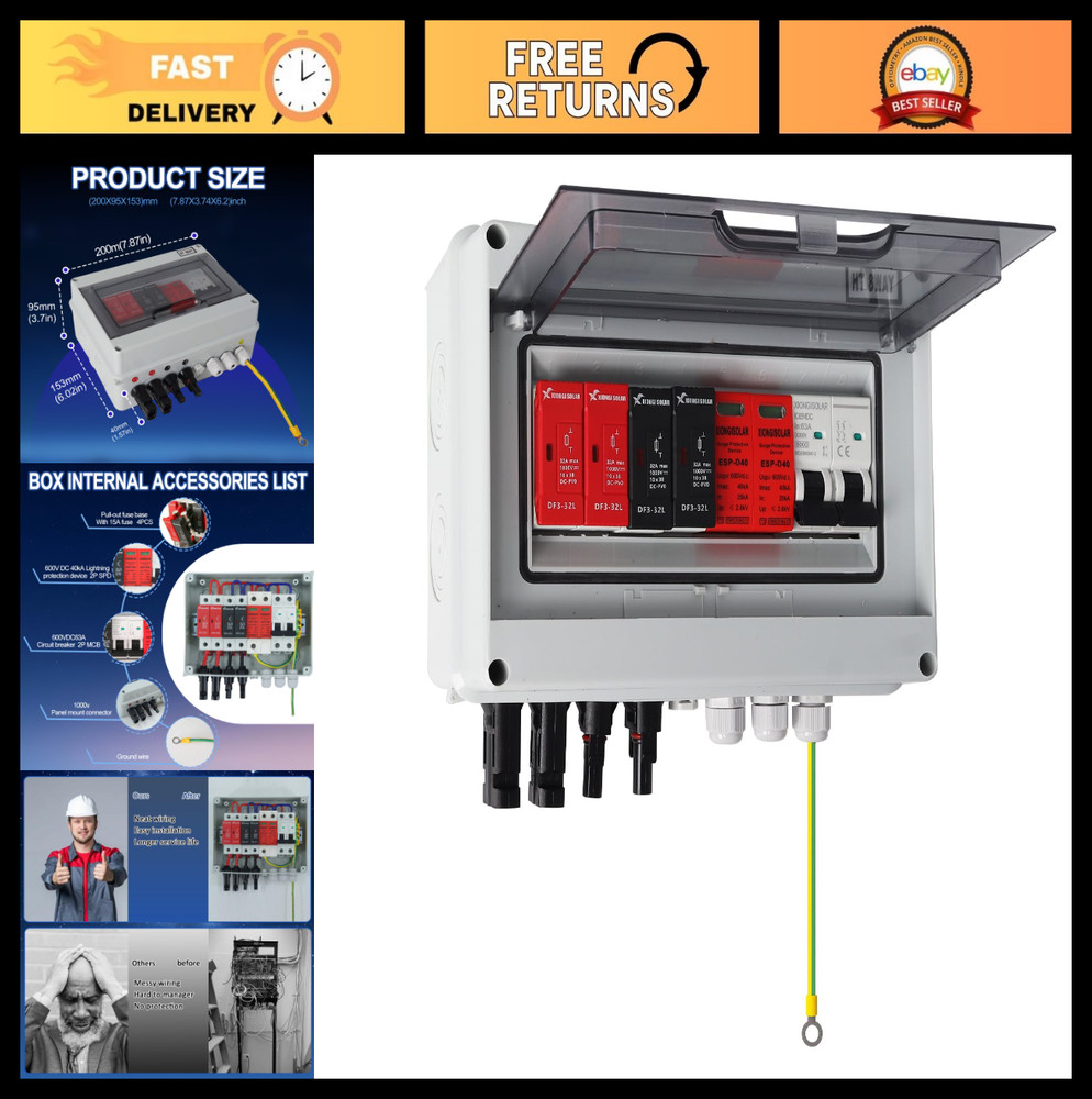 Solar Combiner Box 600V, 2 Inputs 1 Output, 15A Fuse, 63A Circuit Breaker, SPD,
