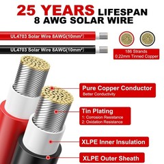 8AWG Solar Panel Wire 2x30Ft Tinned Copper PV Cable Outdoor Extension Automotive