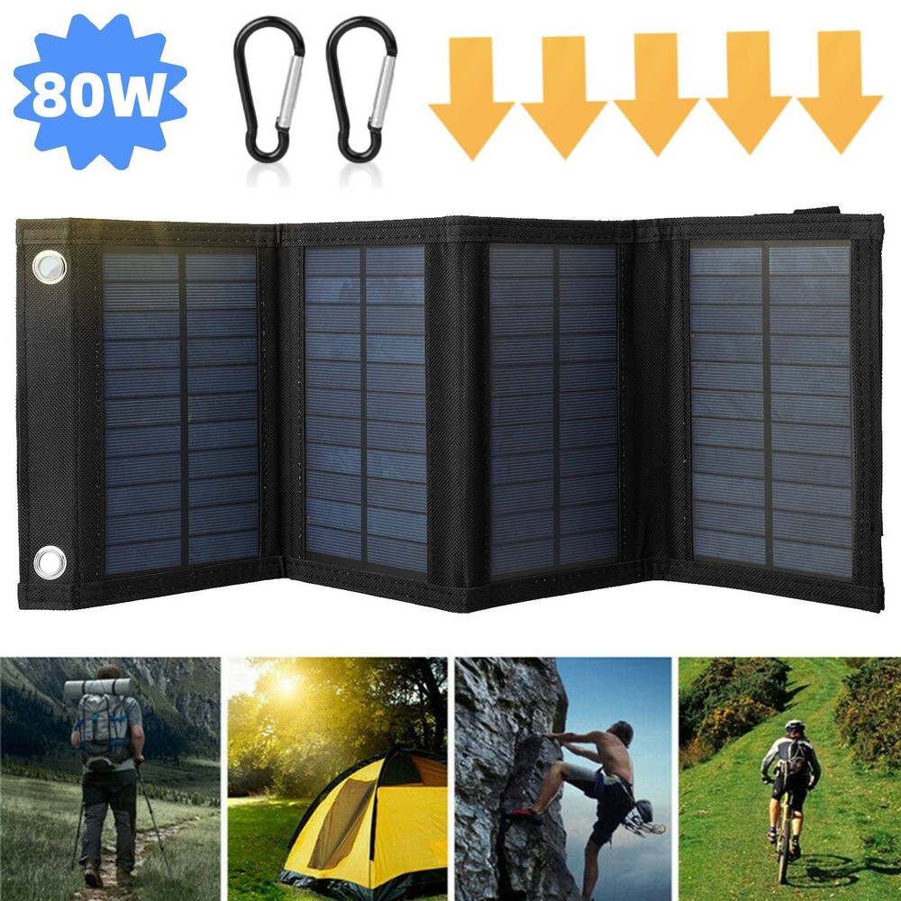 80W USB Solar Panel Kit Folding Power Bank Outdoor Camping Hiking Phone Charger