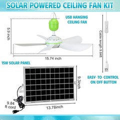2 Set Solar Ceiling Fan Kit W/ 15w Panel USB Hanging Fan 15.74» Dual Power