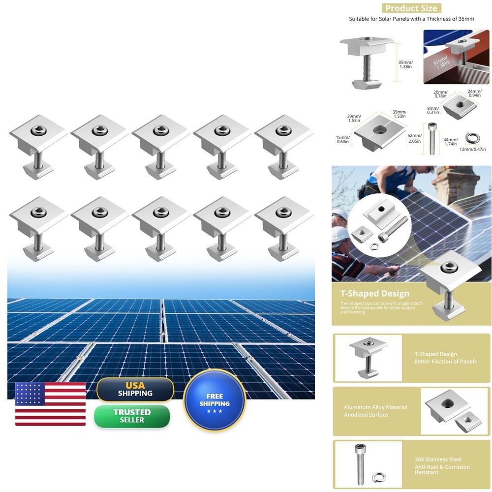 Anbte 10pcs Solar Panels Centre Clamps, Aluminium T-Shaped Mid Clamps 35mm