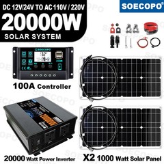 20000W Peak Solar System Kit 2pcs Flexible Panel DC12V/24V AC110V 220V Inverte