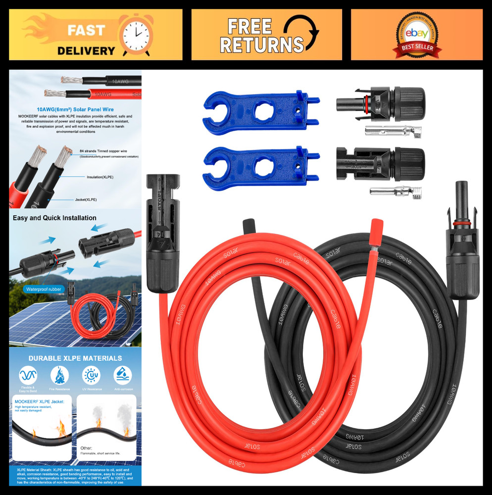 20FT 10AWG Solar Extension Cable – Waterproof Connectors & Adaptor Kit for RV, H