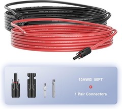Solar Panel Extension Wire 100ft 10 AWG PV Wire +Pair Solar Connectors 6mm²