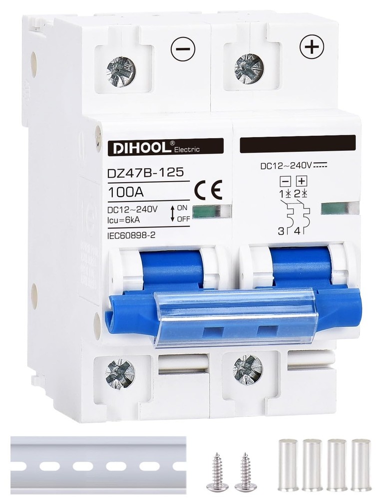DIHOOL DC Circuit Breaker,100A 2 Pole,12V to 240 Volt Solar Disconnect Switch,DI