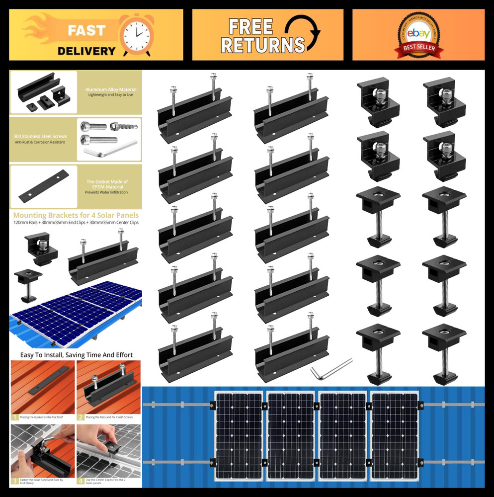Solar Panel Mounting Kit – 10 Rails, End & Center Clamps, Wrench, Waterproof for