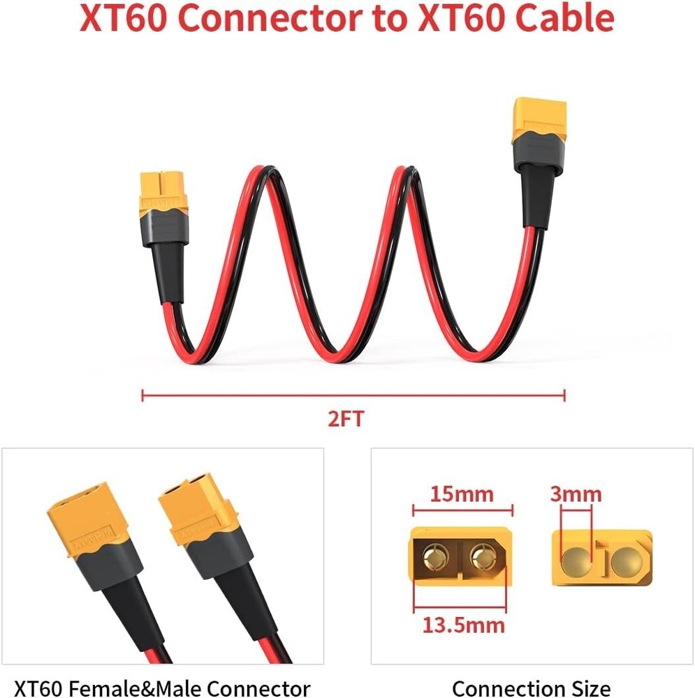 12AWG 2FT XT60 Extension Cable Female-Male Connector Power Station Solar Panel