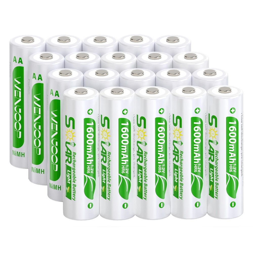 20 Pack AA Rechargeable Batteries for Solar Lights, 1600mAh NiMH 1.2V Prechar…