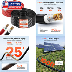 VEVOR Solar Panel Wire, 100 ft Black + 100 ft Red Kit, 10 AWG (6 mm²) Solar