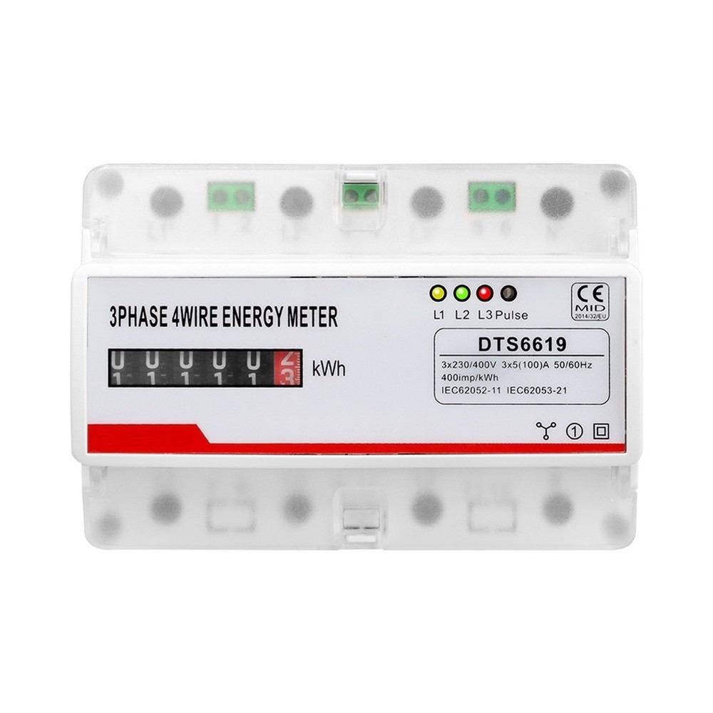 Rail Mounted Digital Three Phase Four Wire Energy Meter 100A 380V Measurement
