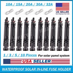 10A 15A 20A 30A 32A in-line Fuse Holder w/Fuses Solar PV Connectors 1/3/5/10 PCS