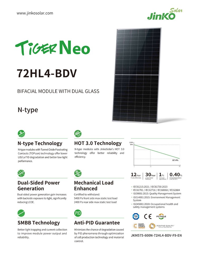 Jinko 590W Solar Panel, Bifacial Tiger Neo NType 72HL4-BDV FREE FREIGHT, $0.26/W