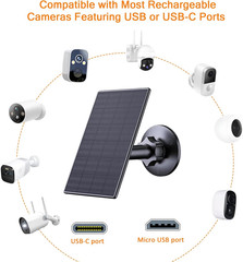 Zivif 2W Solar Panel for Security Cameras, Solar Charger with Micro USB & USB-C