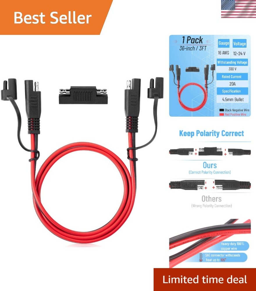 Bates 3FT SAE Extension Cable, 16 AWG, Quick Connect for Solar & Battery Use