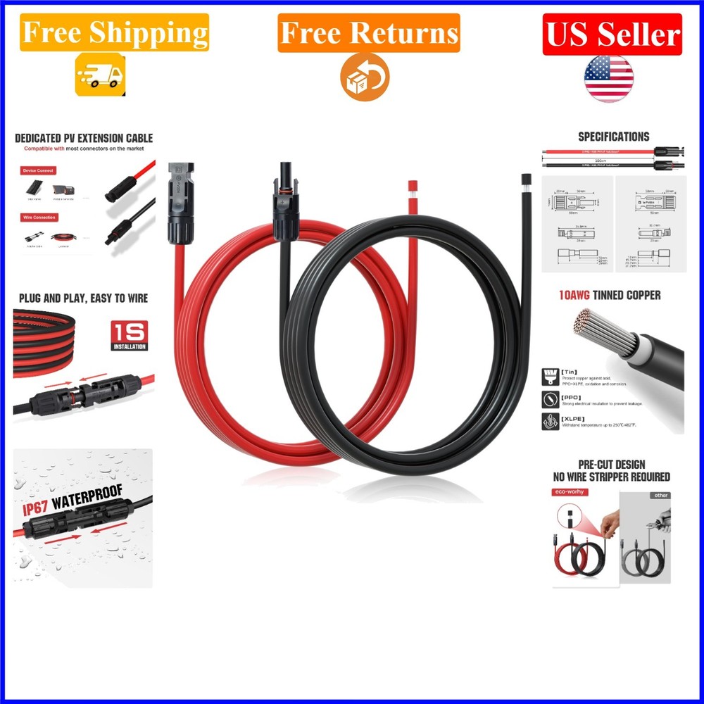 10Ft Solar Extension Cable 30A/1000V Waterproof MC4 Connectors