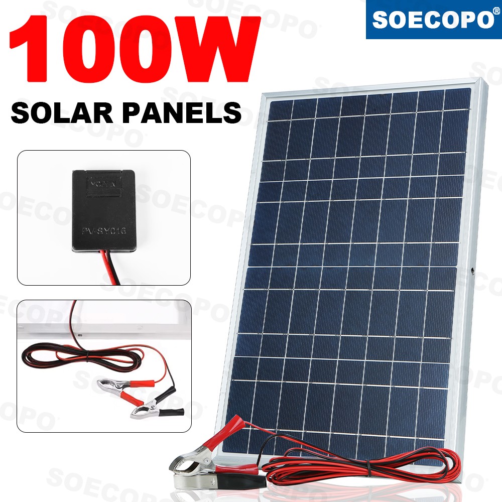 100W 18V Portable Solar Panel 12V Car RV Boat Battery Charger Clips