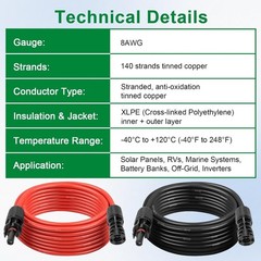 Solar Extension Cable 8AWG 15FT 2-Pack (Red + Black), PV Wire with Male/Female S