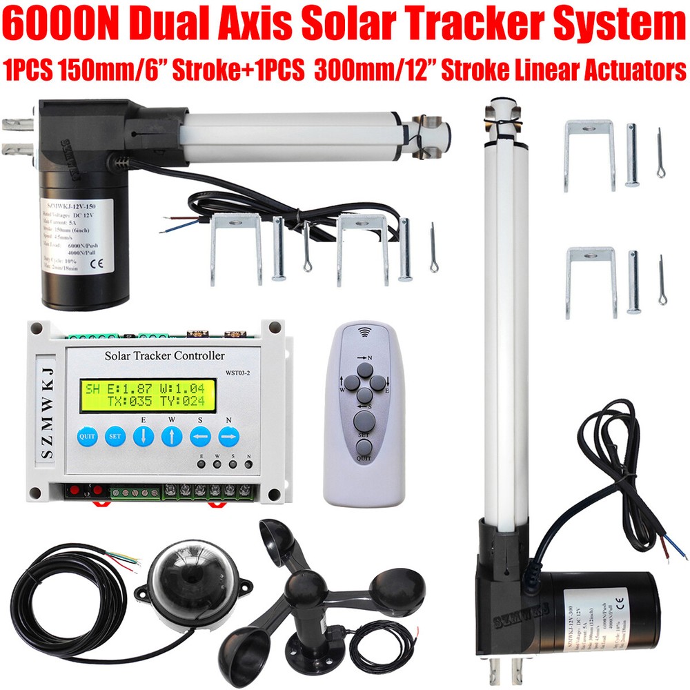 LCD Solar Sun Track Dual Axis Kit – Wind Speed Sensor +DC 6000N Linear Actuators