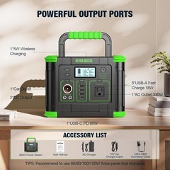300W Portable Solar Generator, 288Wh, 8 Ports, USB-C PD, Black